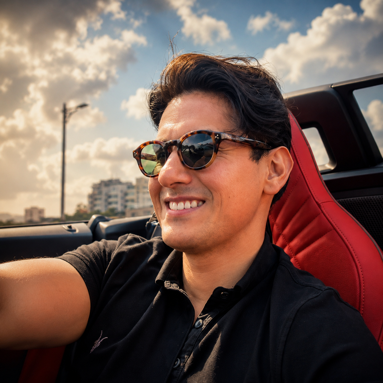 Hombre con prótesis capilar conduciendo un convertible