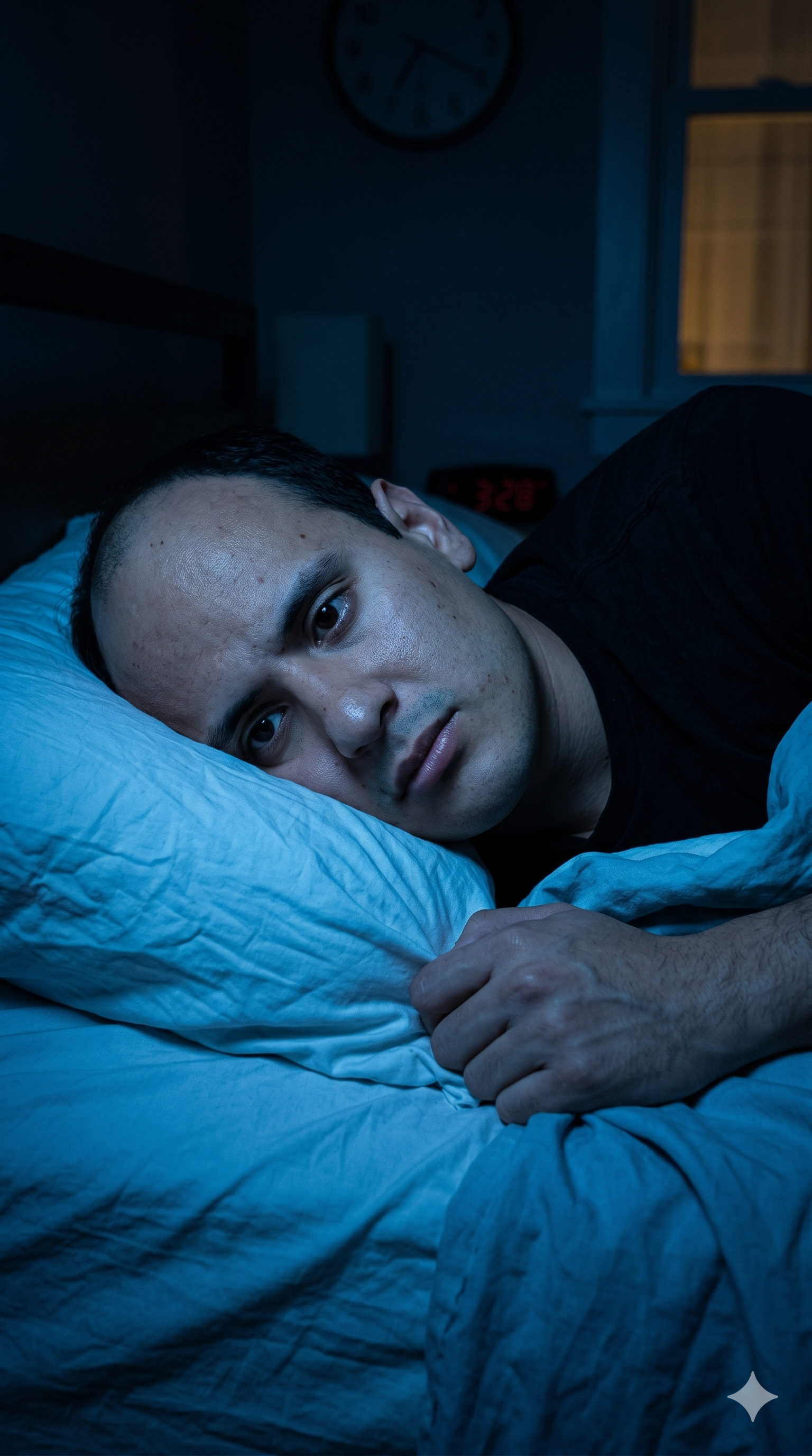 Hombre desvelado en la cama pensando en su pérdida de cabello