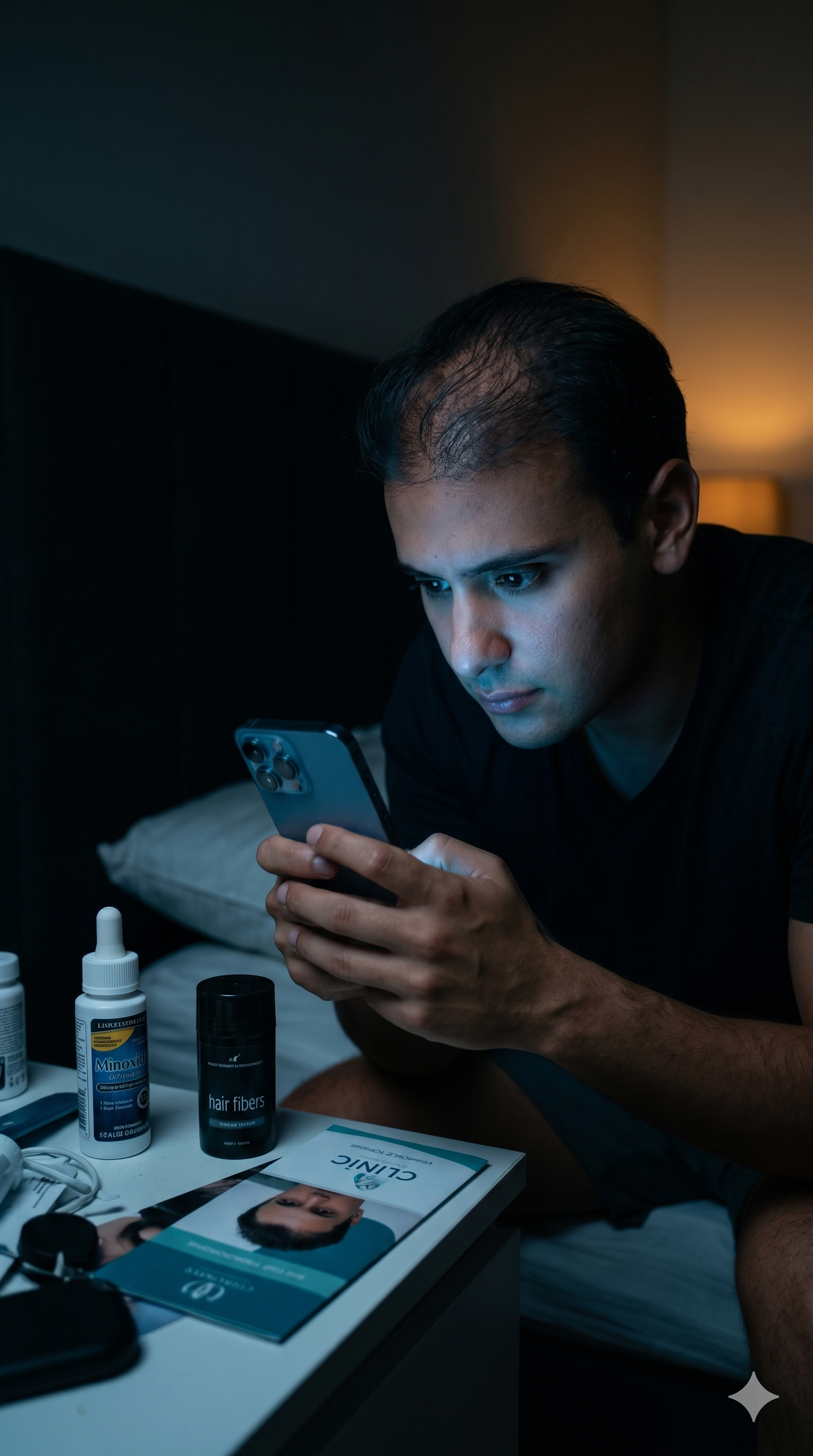 Hombre revisando su teléfono de noche, preocupado por su pérdida de cabello, rodeado de productos para la caída